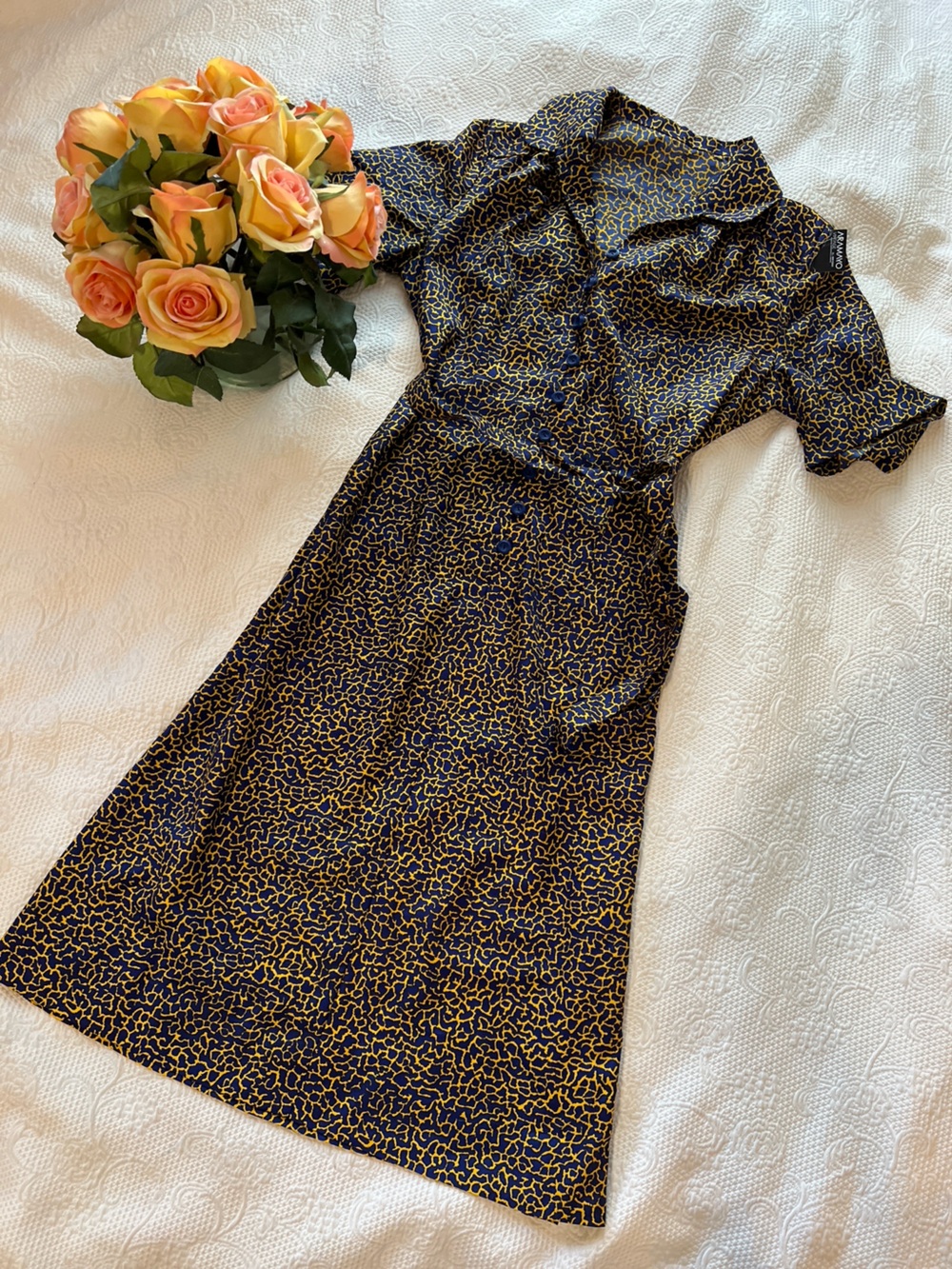 Vintage Retro Navy Blue and Mustard Yellow Patterned Flower Buttons Dress